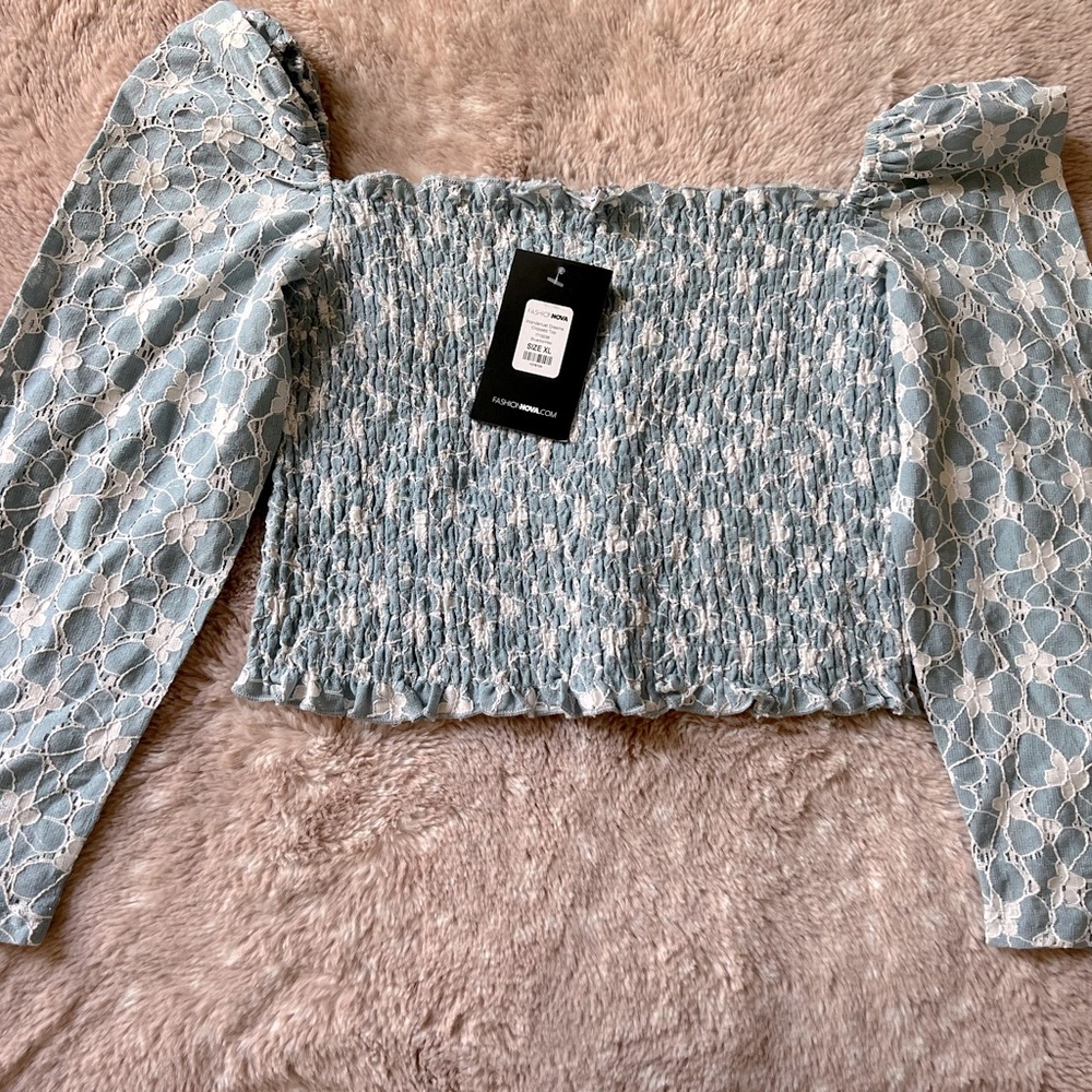 Fashion Nova Pale blue shirt with flower detailing